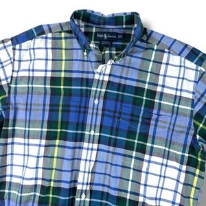Ralph Lauren Men's Button Up Shirt Size Medium Big Shirt Short Sleeve Blue Plaid
